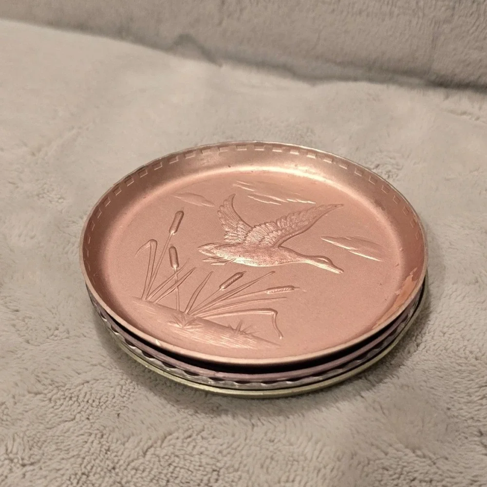 Vintage Aluminum Flying Duck Coasters Set of 4 Multi Color Embossed Metal Lodge